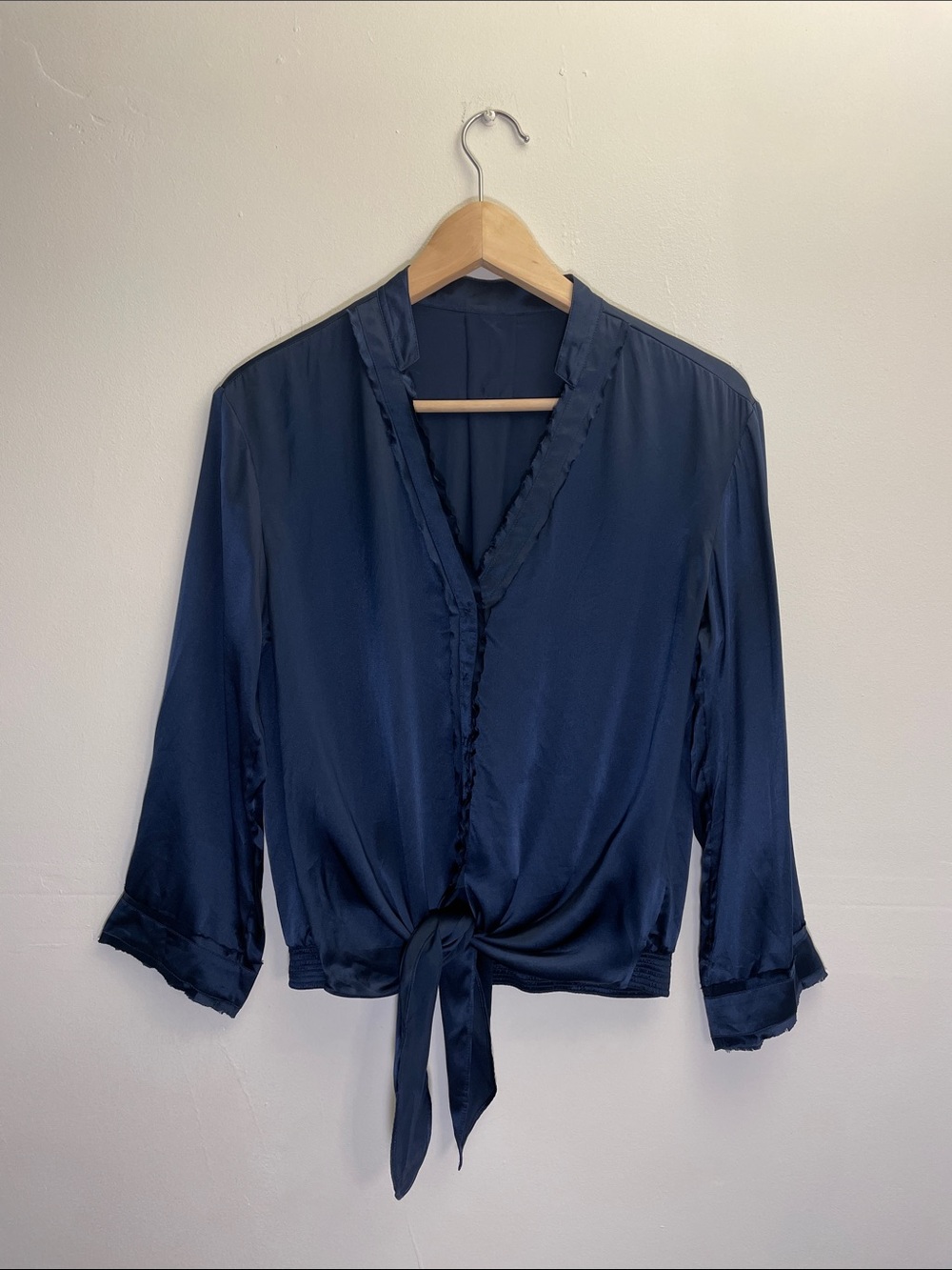 GO BY GO SILK Navy Blue 100% Silk Tie-Front Blouse Size M
